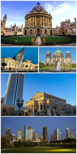 From top: Patriarchal University of Sanctaria, Haven City Council building, Basilica of the Lord, Haven City Theatre, Skyline view from Kingsley Park