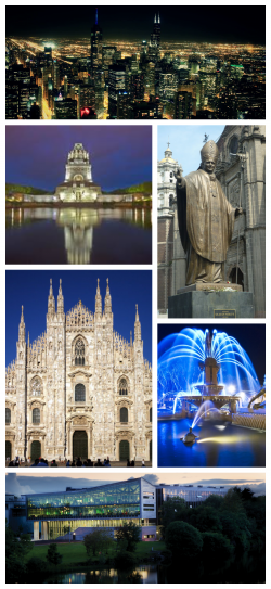 From top: Partial city skyline at night, Quincentennial Monument, Statue of Patriarch Aequitas IV, Basilica of St. George in Heaven, Gloriana Fountain, Parliament House located in Temple Park